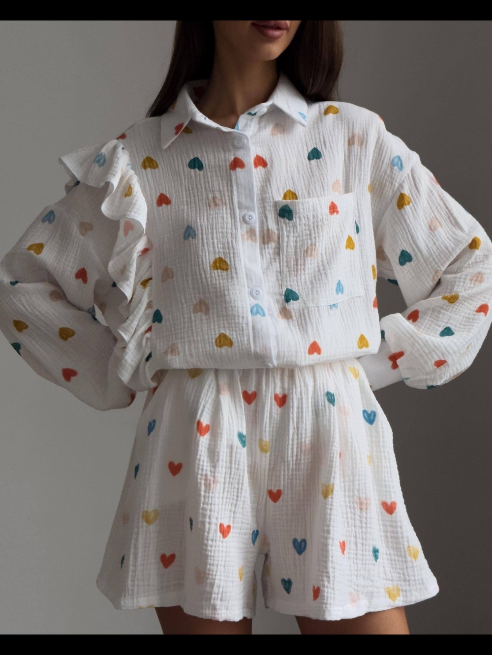 White Heart-Print Button Shirt with Matching Shorts